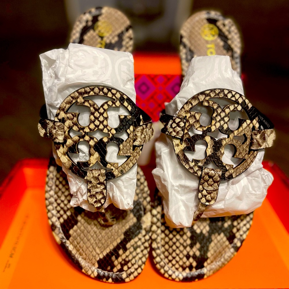 {Tory Burch}Authentic Miller Warm Roccia Sandals Stamped Snake Printed.